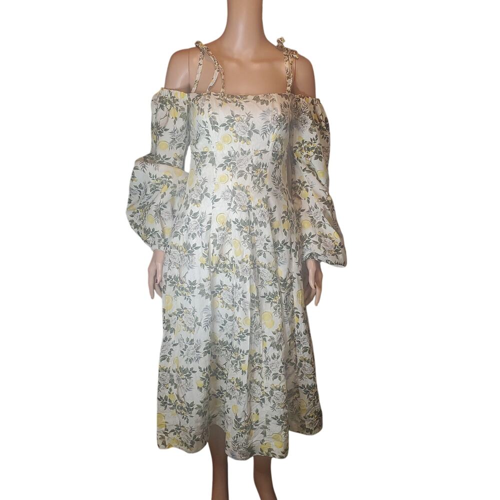 AQUA BLU Clementine Greta Off Shoulder Silk Cotton Dress S Pockets Lemon Print